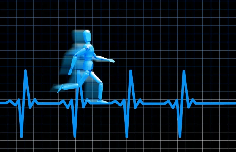 a person is running on an ecg line, a digital rendering, by David Burton-Richardson, figuration libre, health bar hud, robotics, man with a blue heart, pregnancy