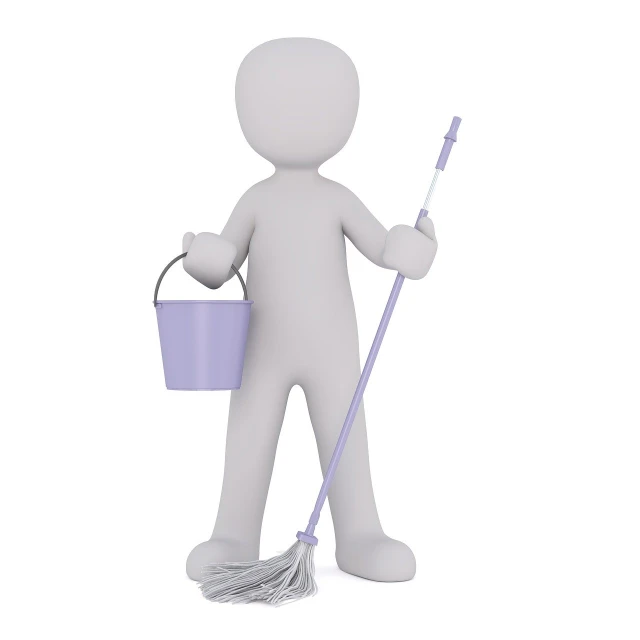 a person holding a bucket and a mop, a picture, conceptual art, webgl render, sleek white, 1 figure only, professional picture