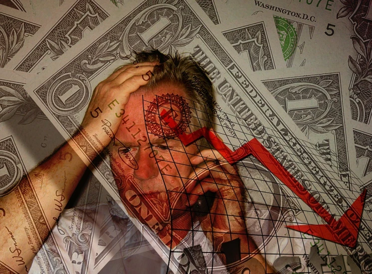 a man holding a red tie on top of a pile of money, a photo, by Jon Coffelt, renaissance, the mask is broken, digital art!!, depression, lying on an abstract