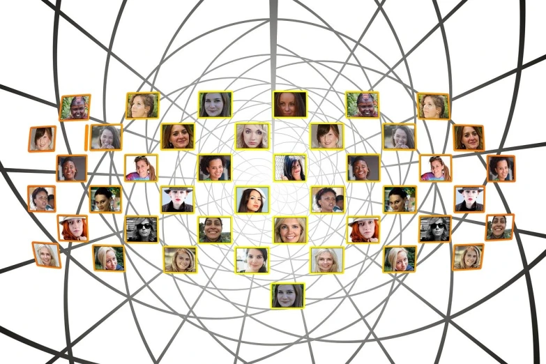 a group of people that are in a circle, a photo, digital art, grid and web, headshot photo, connecting lines, webs