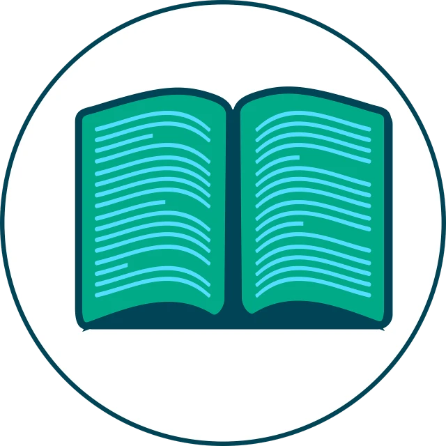 an open book sitting on top of a white circle, teal color graded, avatar for website, justify content center, simplified forms