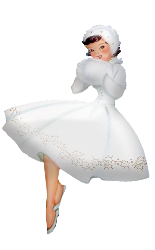 a figurine of a woman in a white dress, a digital rendering, inspired by Tex Avery, tumblr, pale as the first snow of winter, fluffy'', disney render, dressed in a frilly ((ragged))