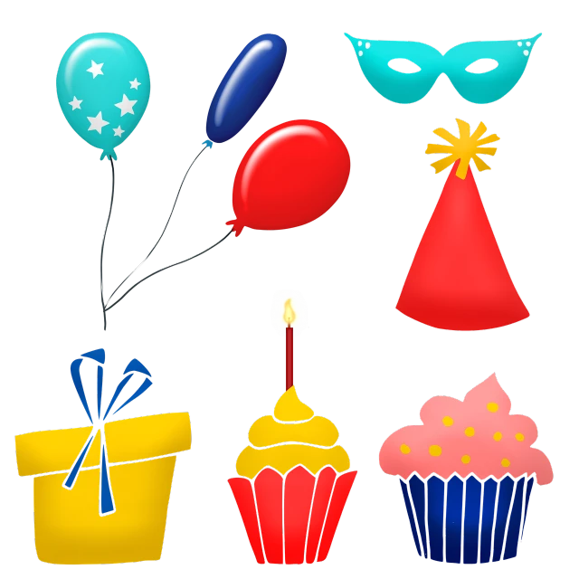 a bunch of cupcakes and balloons on a black background, a digital rendering, clipart icon, masks, having a cool party, future!!