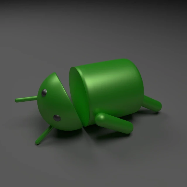 a close up of a green object on a gray surface, a 3D render, inspired by Android Jones, very sad, android phones, lying down, operation