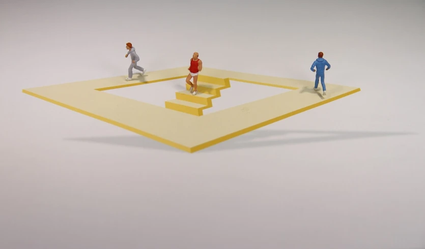 a couple of people that are standing on some stairs, by Ottó Baditz, dribble, figuration libre, in claymation, impossible geometry, people running, yellow carpeted