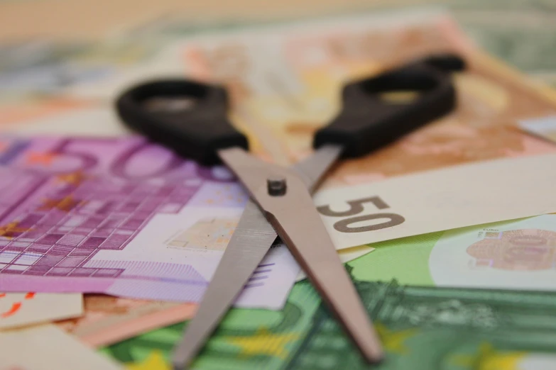 a pair of scissors sitting on top of a pile of money, a photo, pexels, figuration libre, switzerland, kirigami, half cut, christophe szpajdel