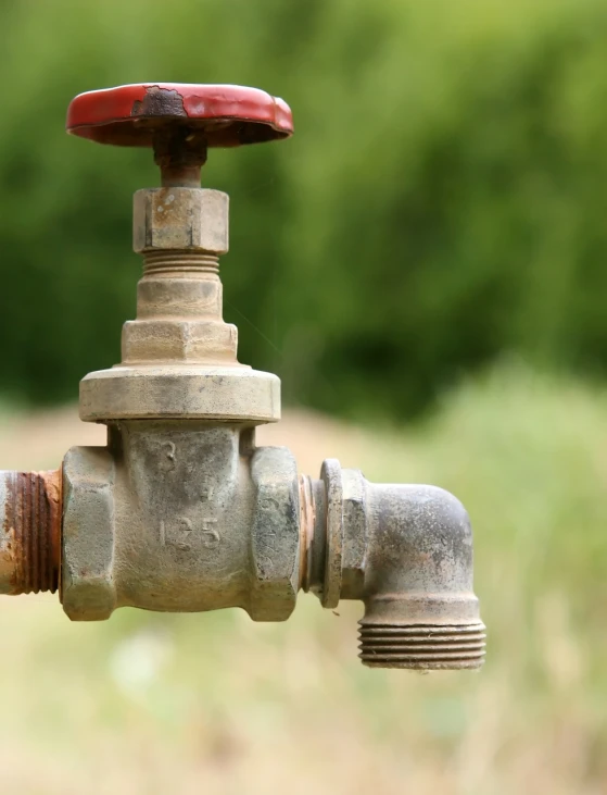 a close up of a metal pipe with a red top, a picture, shutterstock, valve, outdoor photo, drippy, old