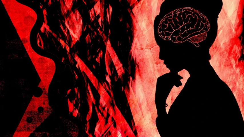 a silhouette of a man with a brain on his head, digital art, digital art, red mood in background, woman, header, concern