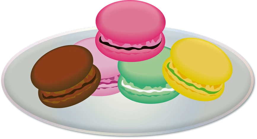 a plate with three different colored macarons on it, an illustration of, inspired by Masamitsu Ōta, pixabay, pop art, clip-art, satin, chocolate, jello