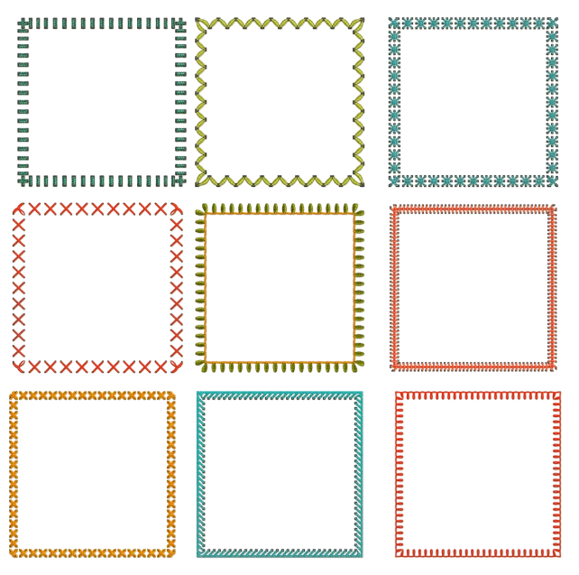 a bunch of different colored frames on a black background, pixel art, op art, stitches, outlined silhouettes, bohemian, square