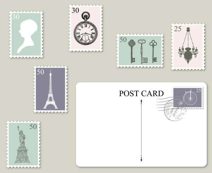 a close up of a postcard with stamps on it, an illustration of, trending on pixabay, very minimal vector art, victorian setting, paris, a beautiful artwork illustration
