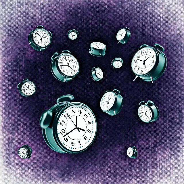 a bunch of clocks sitting on top of a purple surface, a digital rendering, by Kurt Roesch, vintage art, high res photo, exploitable image, background image