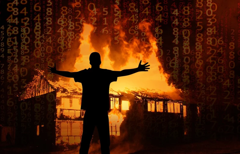 a man that is standing in front of a fire, digital art, by Rodney Joseph Burn, pixabay, the fire is made of binary code, destroying houses, promo shot, koyaanisqatsi