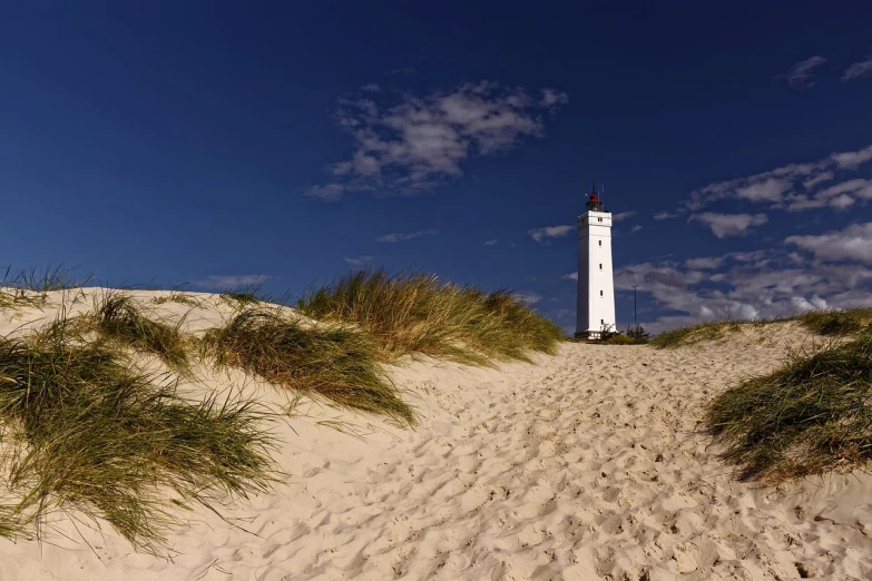 a white lighthouse sitting on top of a sandy beach, by Alfons Walde, modern high sharpness photo