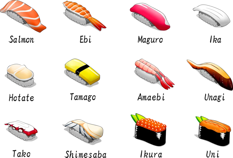 a bunch of different types of sushi on a black background, concept art, inspired by Nishida Shun'ei, app icon, incredible isometric screenshot, shiny silver, shrimp