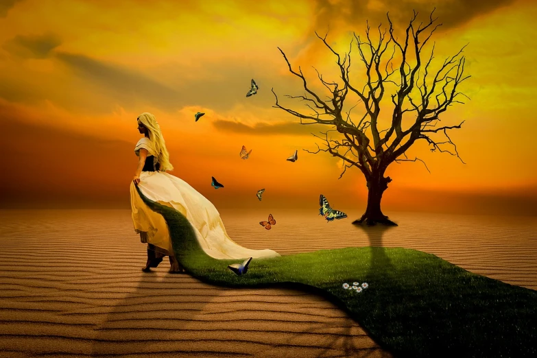 a woman standing in a field next to a tree, a surrealist painting, inspired by Igor Zenin, pixabay contest winner, fantasy art, butterflies and worms, sand desert fantasy, sunset with falling leaves, !!! colored photography