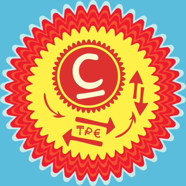a red and yellow flower with the letter c on it, an illustration of, international typographic style, bandname is tripmachine, cycles engine, in the sun, medal