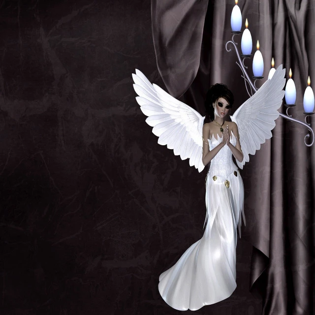 a statue of an angel holding a candle, a 3D render, inspired by Marie Angel, tumblr, ethereal curtain, purple eyes and white dress, second life avatar, with two pairs of wings