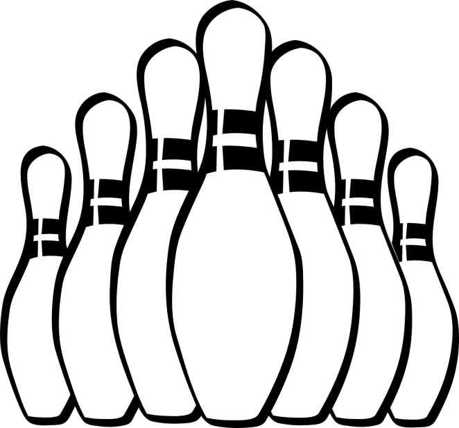 a black and white picture of a bunch of bowling pins, vector art, by Andrei Kolkoutine, pixabay, process art, shoulder patch design, black backround. inkscape, empire silhouette, by greg rutkowski