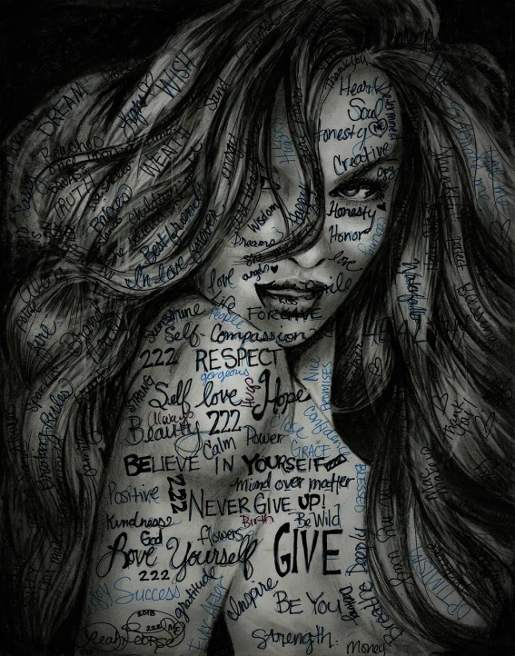 a drawing of a woman with words all over her body, a portrait, by Leticia Gillett, tumblr, graffiti, dark but detailed digital art, girl with long hair, mixed media style illustration, compassion