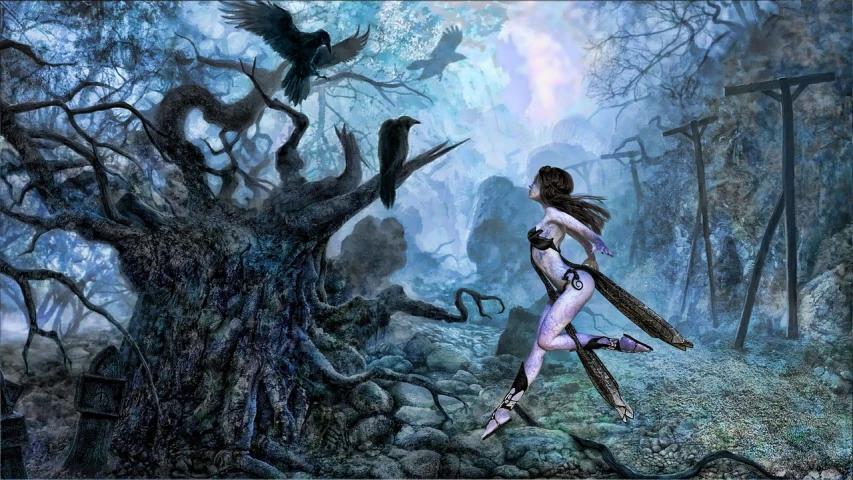 a woman flying through the air next to a tree, concept art, inspired by Luis Royo, fantasy art, runs away from men on the forest, among ravens, blue-skinned elf, in a fractal forest