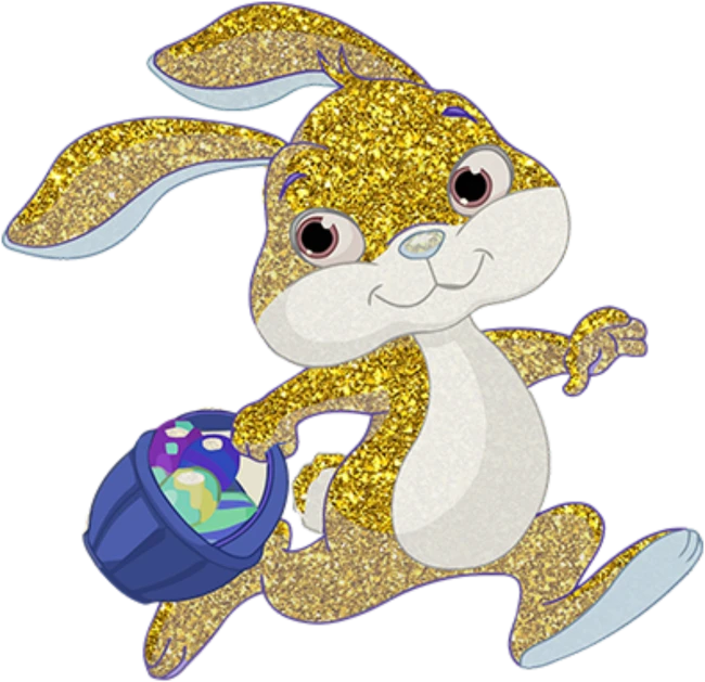 a cartoon bunny running with an easter basket, a digital rendering, by Lena Alexander, pixabay, glitter gif, gold, 3 2 x 3 2, sequins