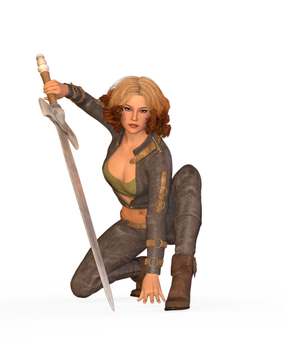 a woman kneeling down with a sword in her hand, a digital rendering, inspired by Shog Janit, 3 d render of jerma 9 8 5, avatar with a blond hair, female spy, ( highly detailed figure )