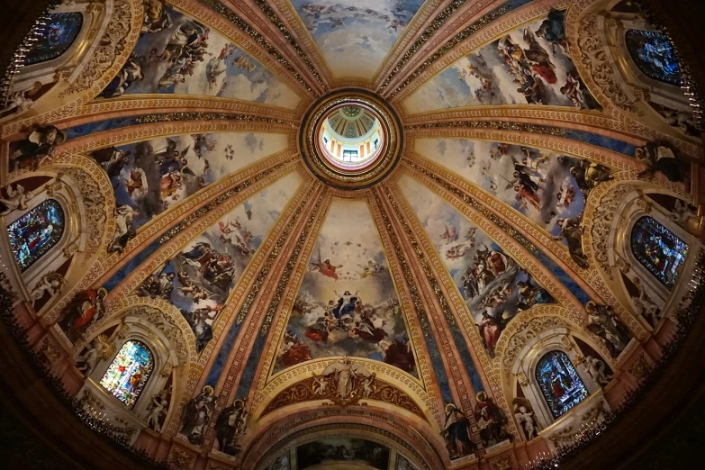 a ceiling with a clock in the middle of it, a picture, by Eugeniusz Zak, baroque, favela spaceship cathedral, interior of a marble dome, monserrat gudiol, raphael high renaissance