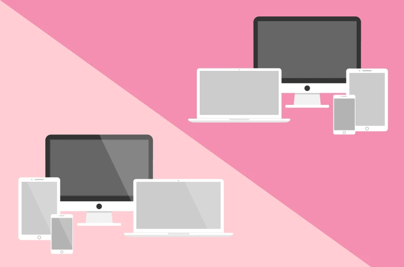 a couple of laptops sitting next to each other, a computer rendering, inspired by Emiliano Ponzi, trending on pixabay, computer art, minimal pink palette, server in the middle, apple design, banner