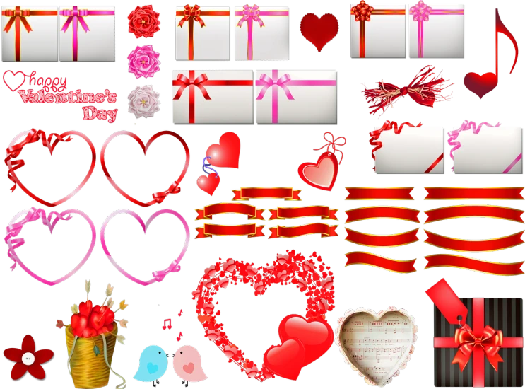 a bunch of valentine's day items on a black background, vector art, by Valentine Hugo, tumblr, romanticism, red ribbon, psd spritesheet, 3 0 0, group photo
