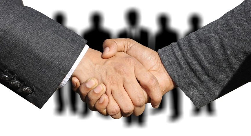 a close up of two people shaking hands, pixabay, business men, [ [ hyperrealistic ] ], a group of people, giving an interview