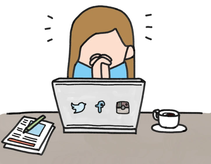 a woman sitting in front of a laptop computer, a digital rendering, tumblr, twitter, cartoonish style, looking exhausted, social media