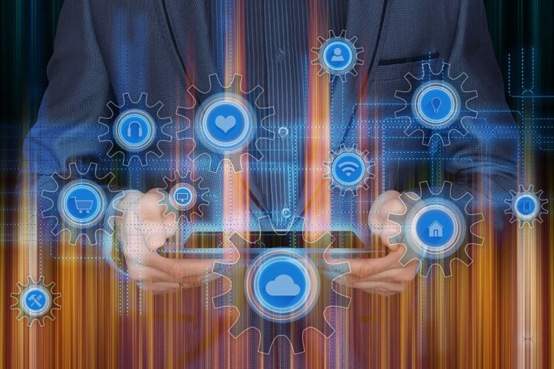 a man in a suit holding a tablet with social icons on it, a digital rendering, by Jeanna bauck, digital art, gears and lights, cloud, digital artray tracing, panels