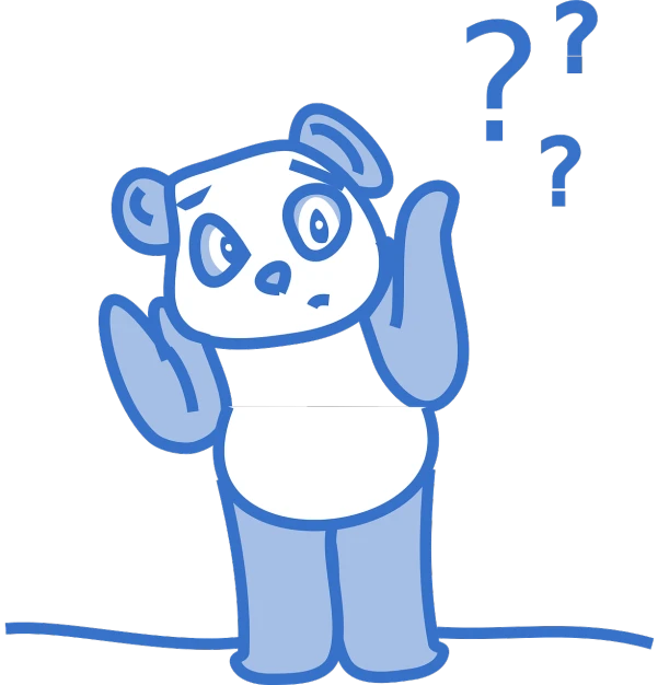 a cartoon panda with a question mark on his chest, a cartoon, reddit, blue colored, cad, who is looking up at it in fear, hard lighting!