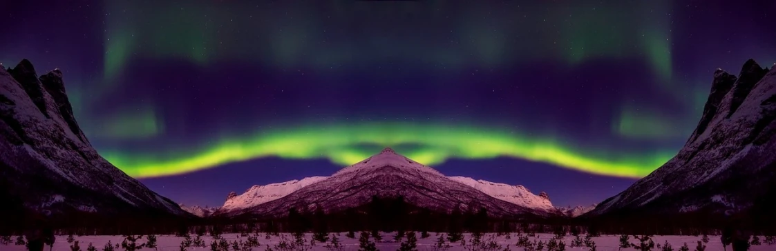 a view of a mountain with aurora lights in the sky, a photo, inspired by Ejnar Nielsen, featured on pixabay, minimalism, symmetry!! full shot!!, photo-shopped, bruce penington, panoramic