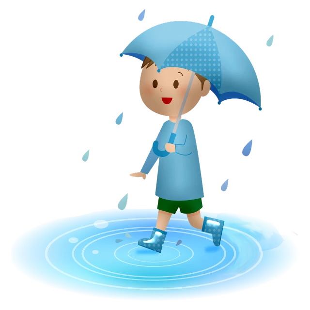 a person walking in the rain with an umbrella, a digital rendering, by Gigadō Ashiyuki, pixabay, cute boy, stands in a pool of water, cutout, young boy