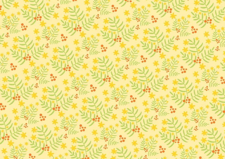 a pattern of leaves and flowers on a yellow background, inspired by Katsushika Ōi, naive art, cutie mark, evergreen branches, 4k high res, vintage - w 1 0 2 4