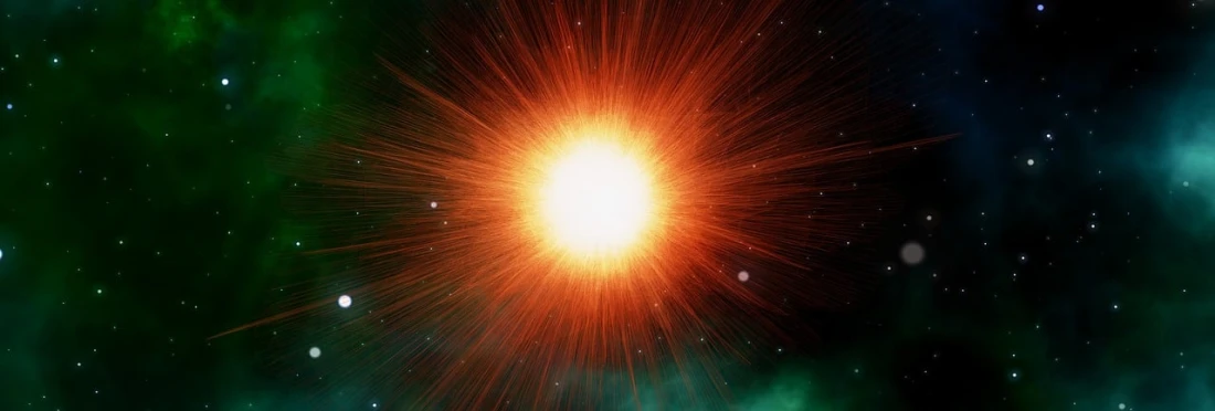 a bright star shines brightly in the night sky, an illustration of, pexels, light and space, red planetoid exploding, bright volumetric sunlight, large hadron collider, medium closeup