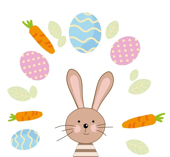 a cartoon bunny surrounded by easter eggs and carrots, an illustration of, sōsaku hanga, brown:-2, simple and clean illustration, set against a white background, colorful illustration