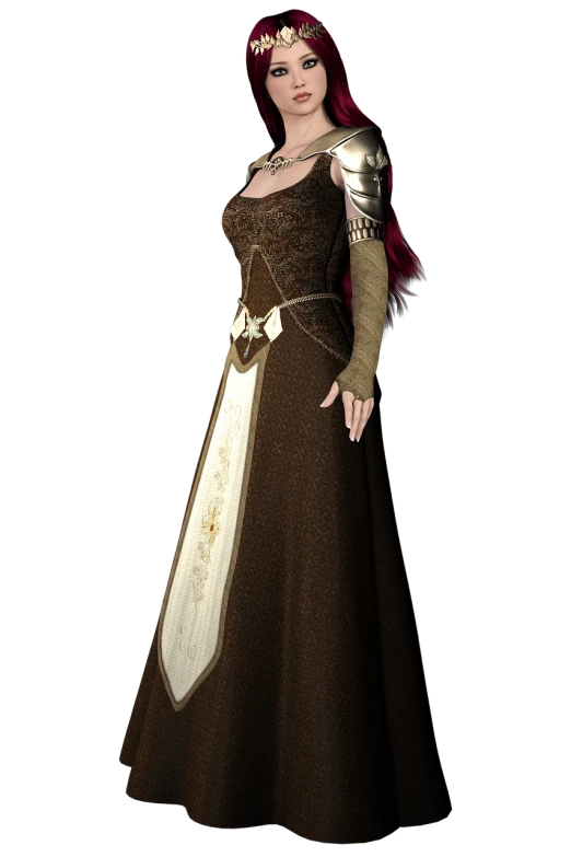 a woman with red hair wearing a brown dress, a 3D render, inspired by Aramenta Dianthe Vail, gothic 2, heavy white and golden armor, ingame image, gown