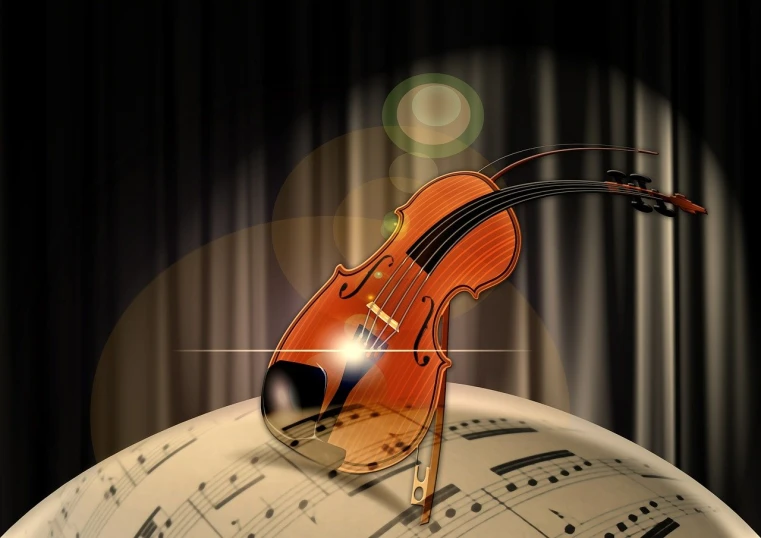 a violin sitting on top of a sheet of music, digital art, epic smooth illustration, spotlight, full color illustration, music show