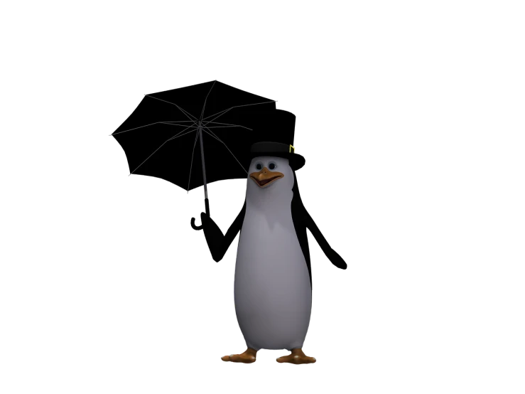 a penguin wearing a hat and holding an umbrella, a raytraced image, inspired by Sugimura Jihei, realism, volumetric fog resolution, daisy, it\'s raining, quinn