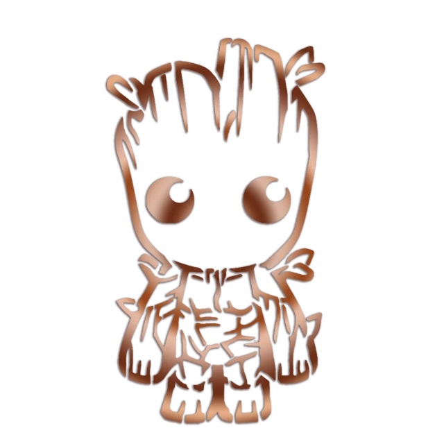 a close up of a baby grooter on a black background, a digital rendering, reddit, graffiti, i am groot, chibi style, made of polished broze, in a halloween style