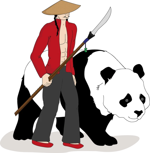 a man with a scythe standing next to a panda, inspired by Shūbun Tenshō, deviantart contest winner, !!! very coherent!!! vector art, drawn in microsoft paint, from one piece, very accurate photo