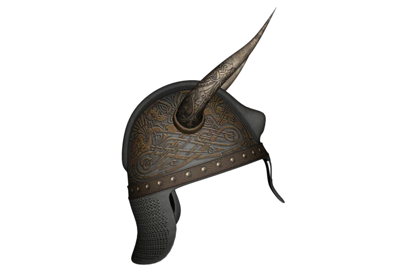 a close up of a helmet on a black background, concept art, hurufiyya, single horn, engraved highly detailed, realistic 3d model, celtic