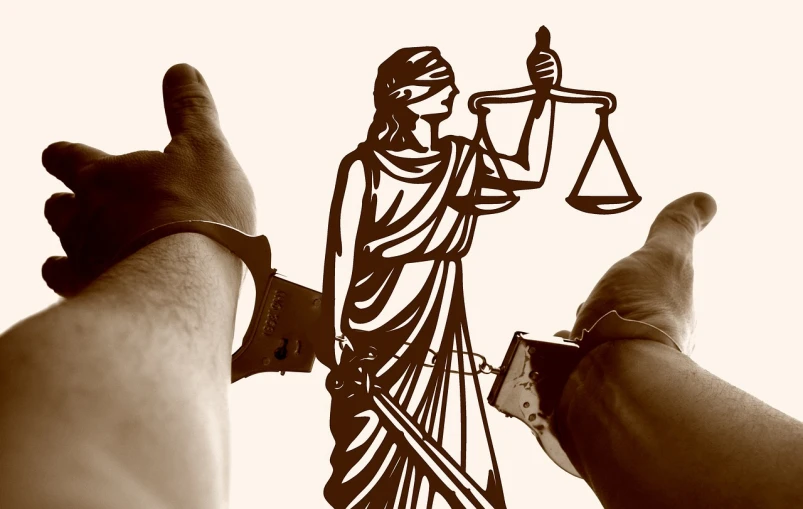 a black and white photo of a statue of lady justice, an illustration of, shutterstock, handcuffed, on his left hand, background image, high contrast illustration