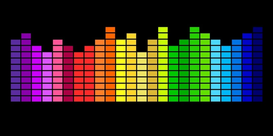 a rainbow colored equal equal equal equal equal equal equal equal equal equal equal equal equal equal equal equal equal equal equal equal equal equal equal equal equal, a screenshot, by Ottó Baditz, trending on pixabay, digital art, in the shape an audio waveform, red green yellow color scheme, speakers, on a flat color black background