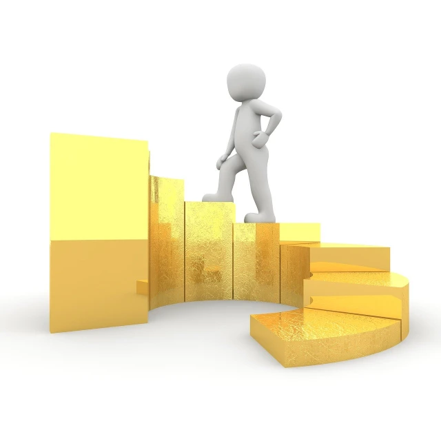 a person that is standing on some stairs, figuration libre, gold bars, characteristics of golden curve, 3d models, pillar