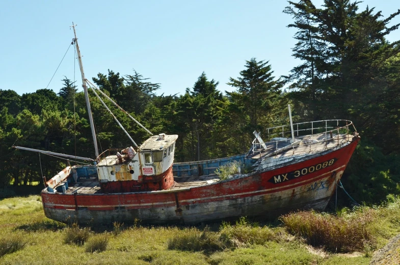 a red and white boat sitting on top of a grass covered field, a portrait, shipwrecks, fishing boats, chile, 15081959 21121991 01012000 4k