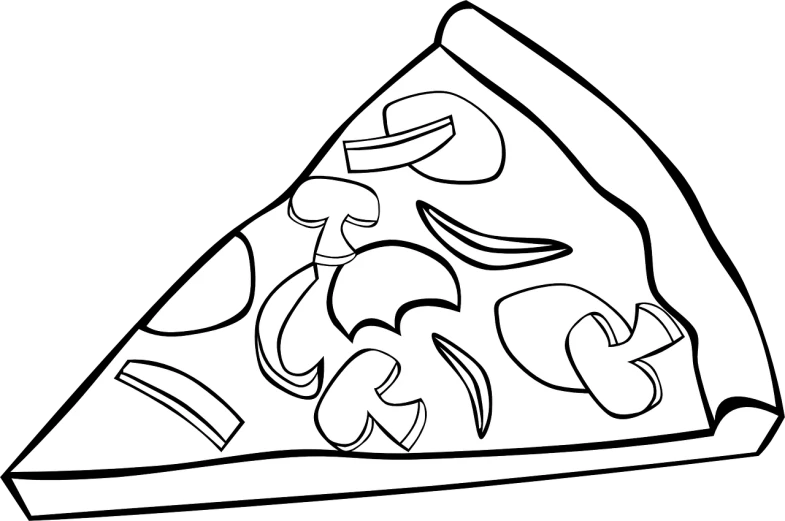 a slice of pizza sitting on top of a table, a cartoon, by Mac Conner, pixabay, high contrast black and white, colouring pages, on a flat color black background, cornucopia